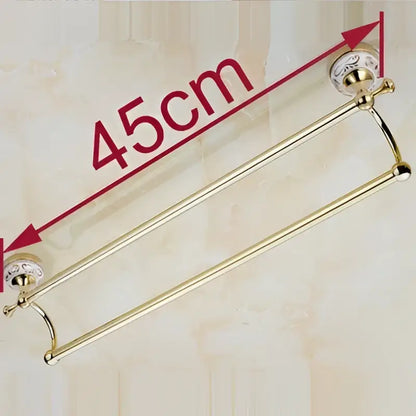 DecorBites 60cm double towel bar with ceramic gold finish and ornate spherical end caps for bathroom use