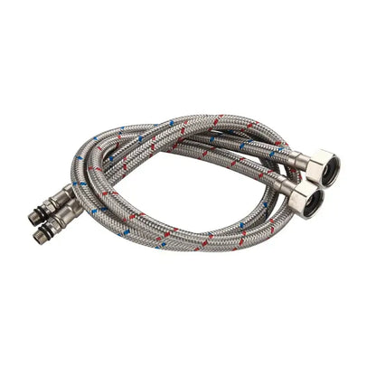 Silver braided stainless steel plumbing pipes with red and blue accents and metallic connectors for water supply
