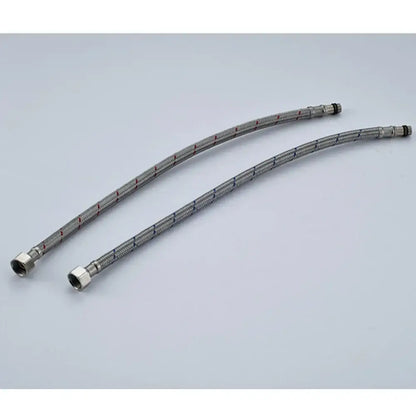 Two metallic braided 60cm stainless steel plumbing hoses with silver fittings and red markings for hot and cold water use