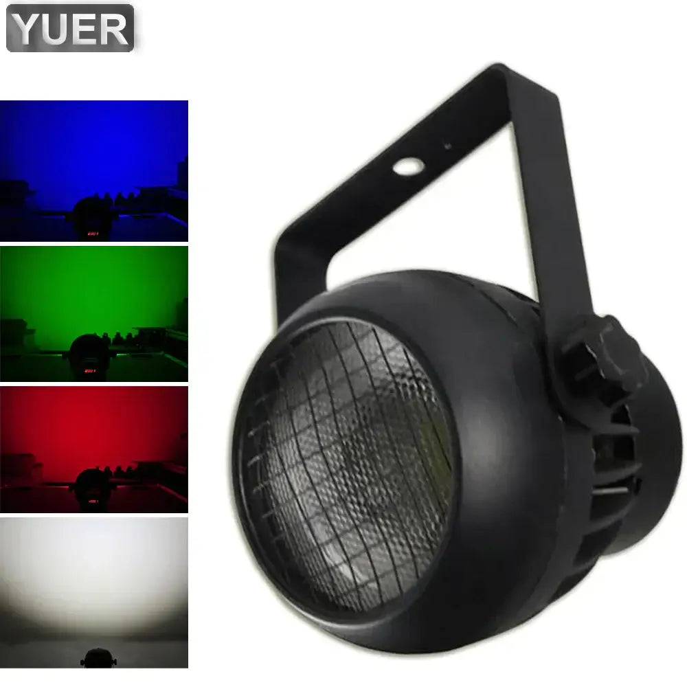 Black yuer 60w cob led par light with mesh front, adjustable handle, barn doors, and dmx controller for stage effects
