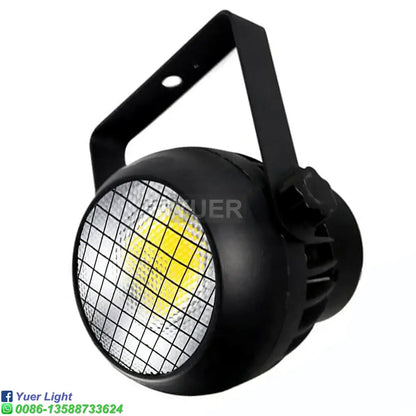 Black round 60w cob led par light with grid-patterned lens and handle for mounting by DecorBites™