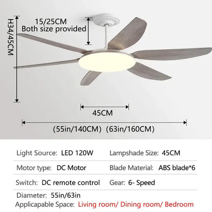 Modern decorbites 63 inch dc indoor ceiling fan light with five gray wood textured abs blades and circular white led fan light