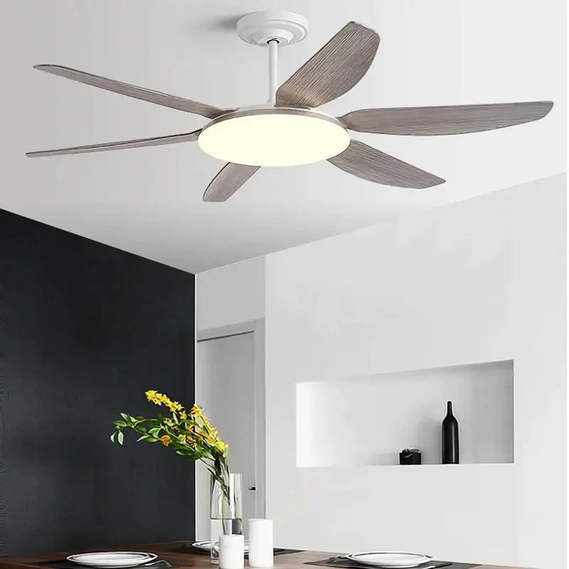 DecorBites™ 63 inch dc indoor ceiling fan light with five dark gray wood-textured blades and circular white fan light