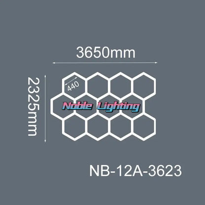 White led hexagrid panel with noble lighting branding model nb-12a-3623 for workshop gym studio use