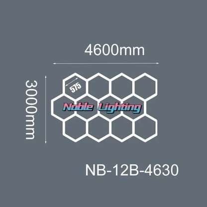 White hexagonal led hexagrid panel model nb-12b-4630 by noble lighting for workshop gym studio with 6500k led