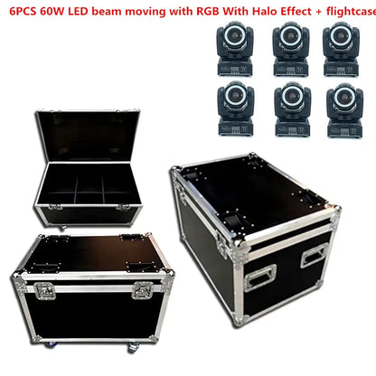 Six black 65w rgbw beam led moving head lights with rgb halo effect displayed with two flightcases for disco parties