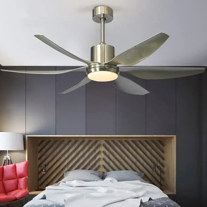 Modern brushed nickel DecorBites™ ceiling fan with five matte blades, warm LED fan light, and remote control function