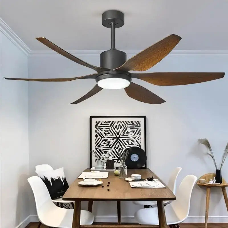 Modern ceiling fan with dark bronze metal housing, five medium brown wooden blades, fan light, and remote control functions