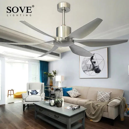 Stylish stainless steel modern led brown ceiling fan with five sleek blades from decorbites for living room use