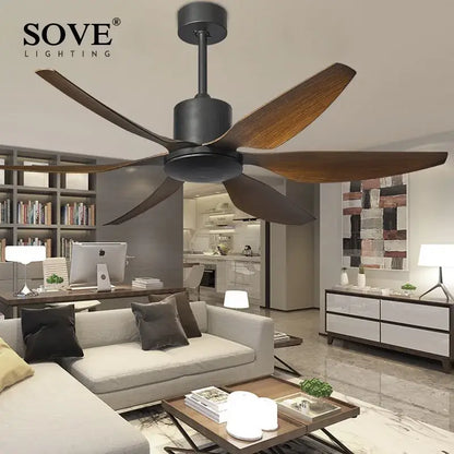 Black and wood-finish sove lighting 66 inch modern led brown ceiling fan with five blades and remote control for living room