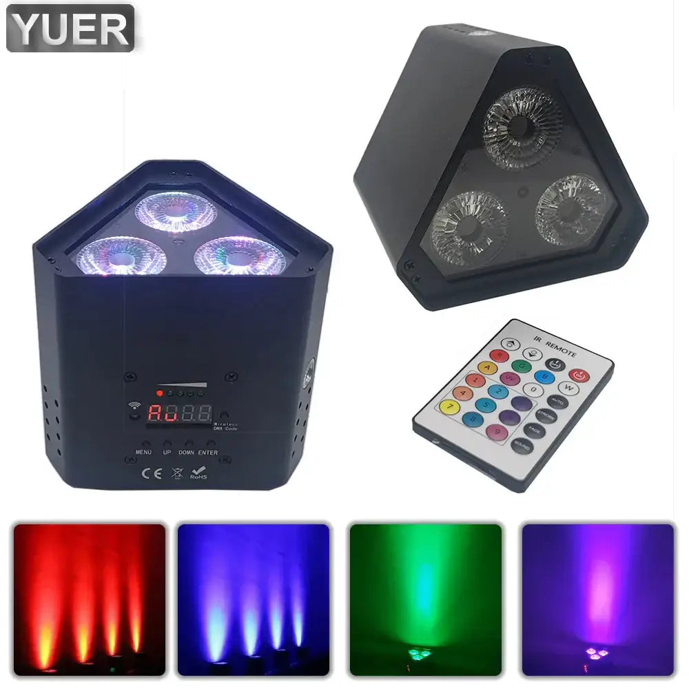 Black triangular 6in1 led par rgbwa uv wash light with three circular lenses and remote control for dj party stage