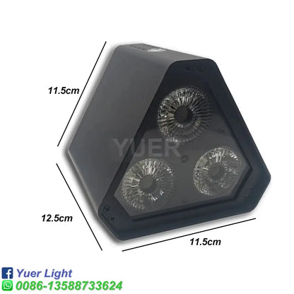 Decorbites™ 6in1 led par rgbwa uv wash light with black triangular fixture and three circular led bulbs for dj stage use