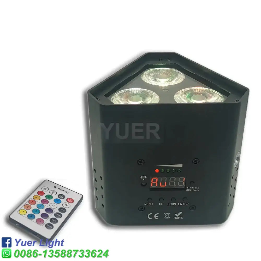 Black hexagonal 6in1 led par rgbwa uv wash light fixture with three circular bulbs digital display and remote control