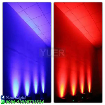Blue and red led beams from decorbites 6in1 led par rgbwa uv wash light illuminate a ceiling for dj party stage use