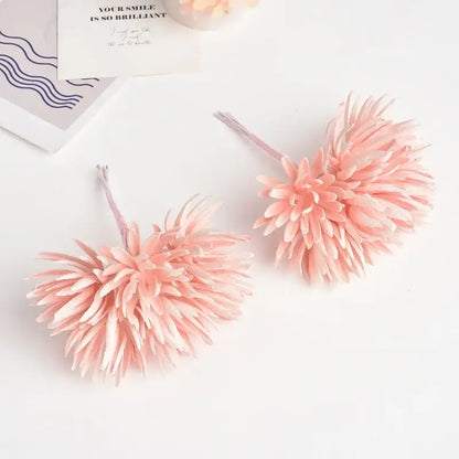 Decorbites™ 6pc pink silk mini handmade chrysanthemum bouquet with delicate layered petals for wedding decoration