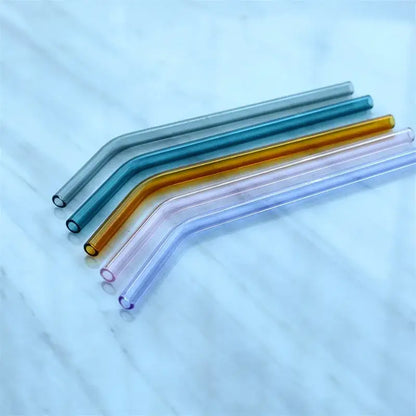 Decorbites™ heat-resistant curved juice straws set of five colorful translucent glass curved juice straws
