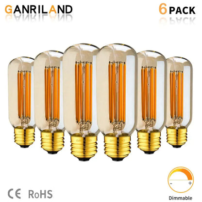 Decorbites 220v led tubular filament bulb six-pack with amber glass and gold-colored screw bases dimmable e26 e27 2200k