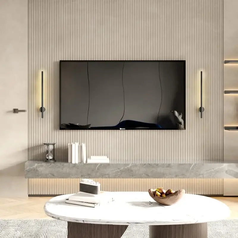 Black-framed flat-screen television mounted on a vertically ribbed beige wall with decorbites 6w led wall lamp for living room