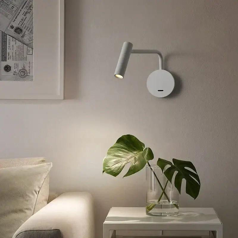 White DecorBites 6W modern LED wall lamp with cylindrical head and circular base for home and hotel reading light