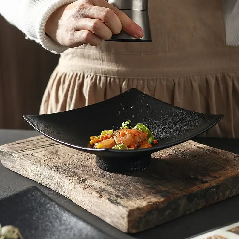Black matte ceramic dining plate decorbites 7.5 inch square bowl with rounded corners and pedestal base