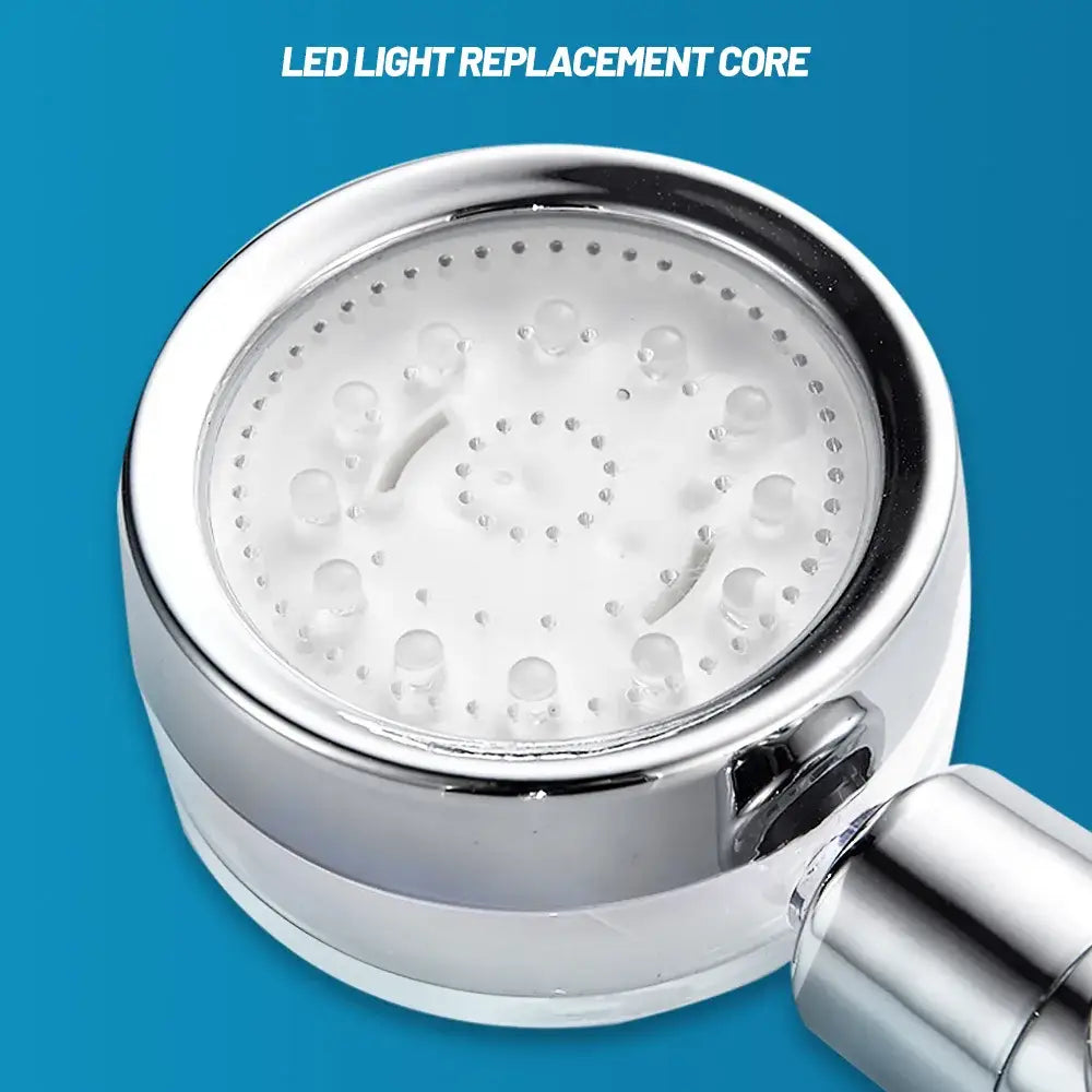 Shiny chrome finished led handheld shower head core with white perforated faceplate and multiple water nozzles