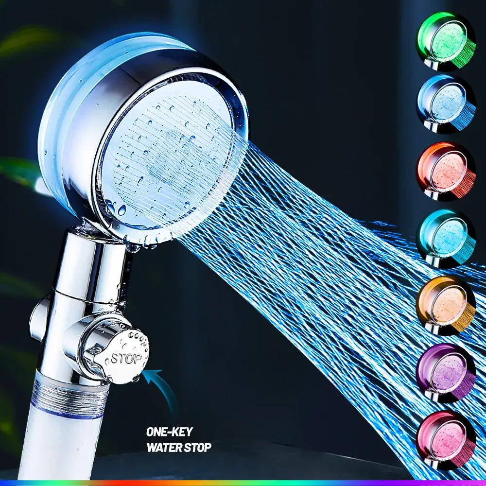 Chrome finished handheld shower head with circular multi nozzle design and blue led water streams by decorbites