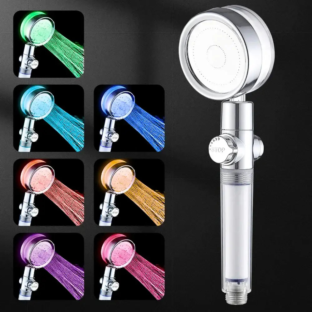 DecorBites™ chrome handheld shower head with clear water filter tube and 7-color LED spray modes with stop button