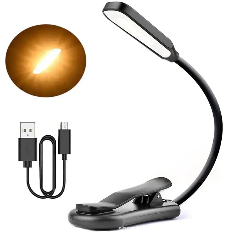 Decorbites™ black led book light with flexible gooseneck usb charging cable and 3-level white light clip-on design