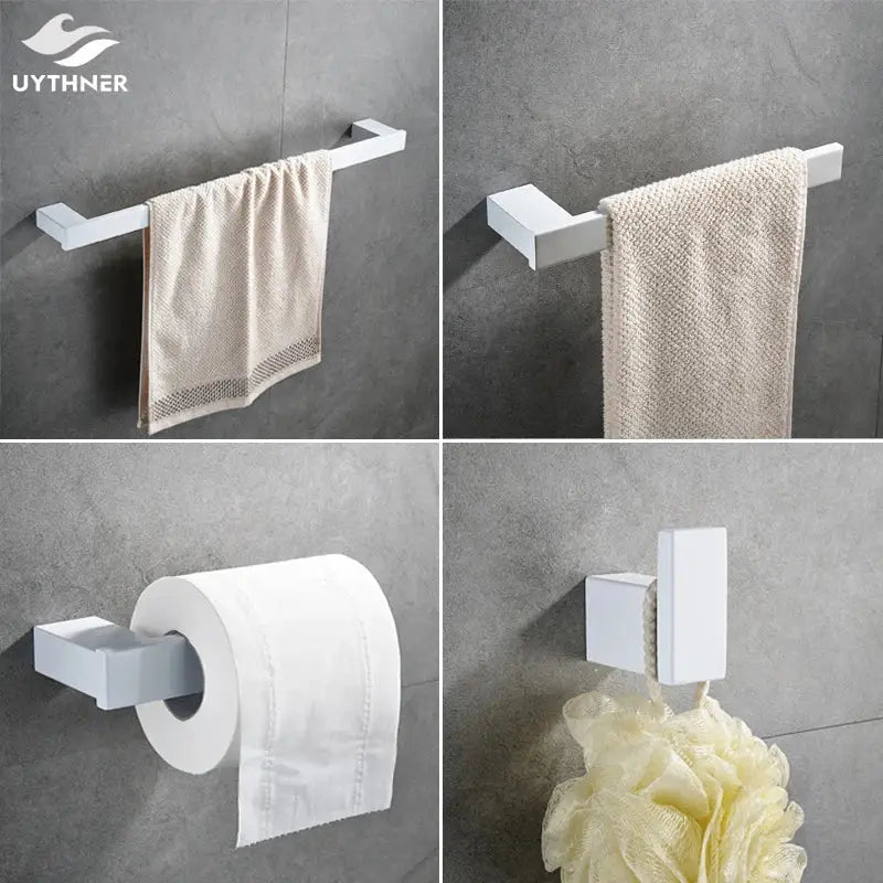 Decorbites 7-piece white bathroom hardware set with sleek rectangular towel bar toilet paper holder and shower hook