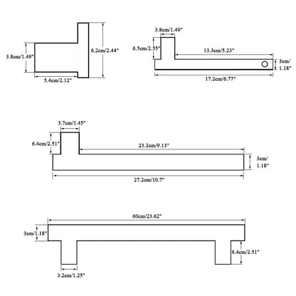 Technical drawing of a white t-shaped metal bracket with dimensions for decorbites™ 7-piece bathroom hardware set