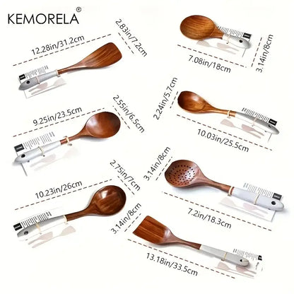 Set of six eco-friendly wooden cooking utensil set with silver handles including spoons for thai wooden cooking