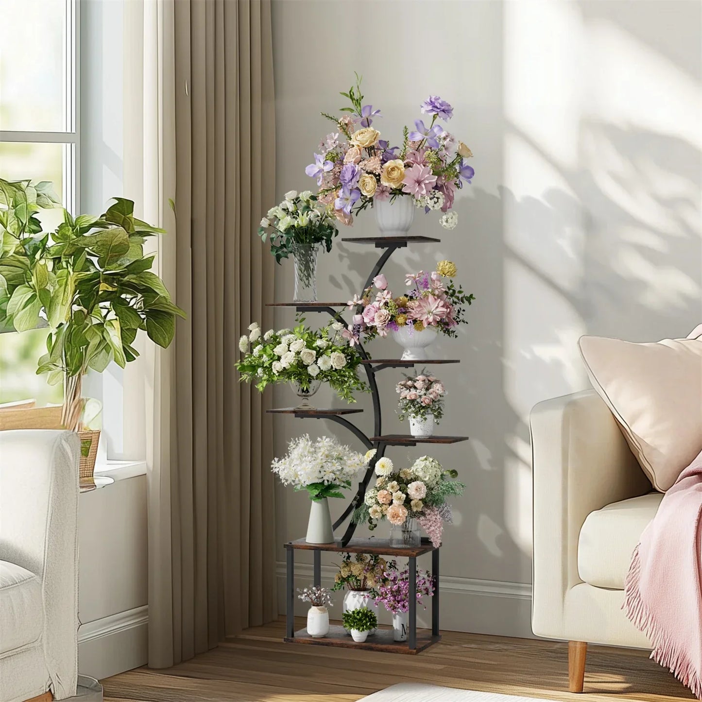 Decorbites™ five-tier black metal plant stand display rack with wooden shelves showcasing colorful floral arrangements