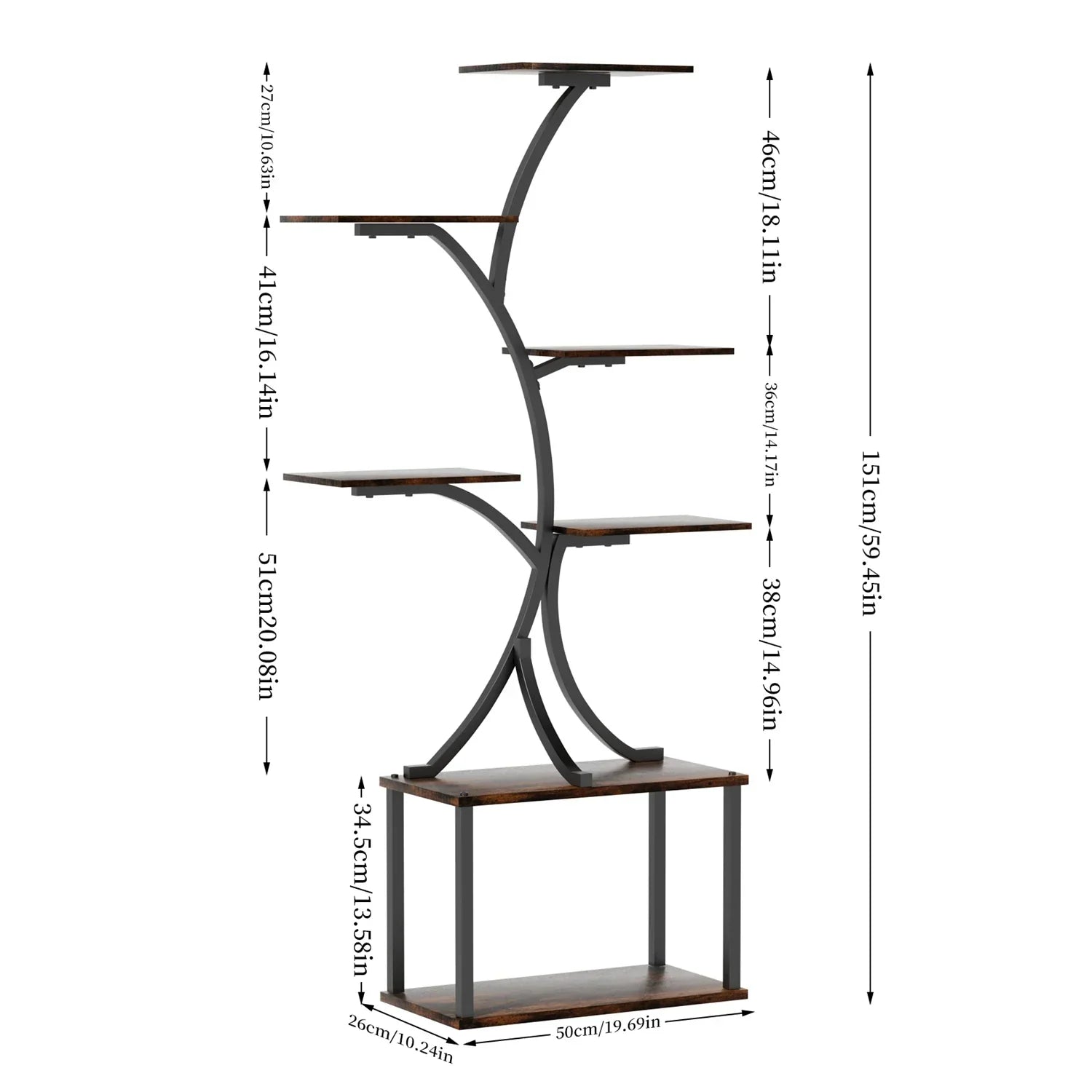 Dark brown wooden shelves with black metal frame plant stand display rack by decorbites 7 tier design