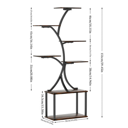 Dark brown wooden shelves with black metal frame plant stand display rack by decorbites 7 tier design