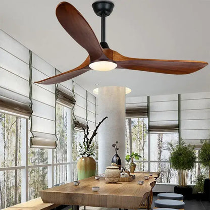 A sleek DecorBites™ 70 ceiling fan with remote control, three wide dark brown wooden blades, and a black central hub