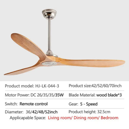 A sleek DecorBites 70 inch wood dc ceiling fan with remote control featuring light brown wooden blades and brushed metallic finish