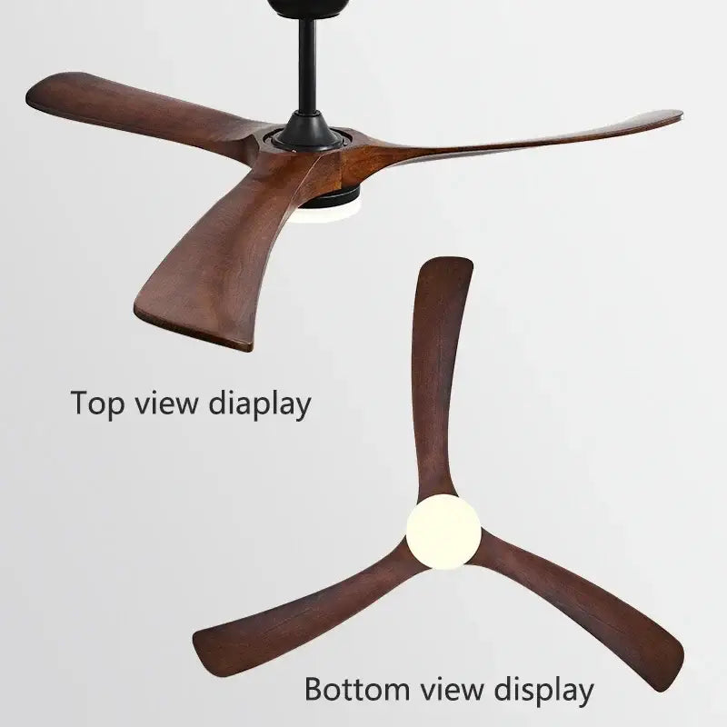 Decorbites™ 70 wooden ceiling fan with three dark brown wooden blades and integrated light for year-round comfort