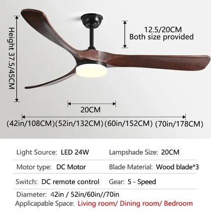 DecorBites 70 wooden ceiling fan with dark brown wooden blades and integrated led light for year-round comfort