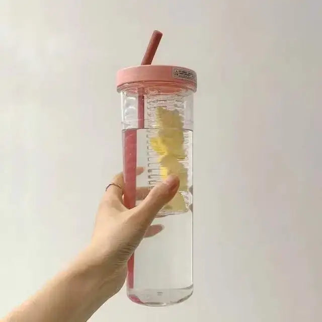 Clear plastic decorbites 700ml filtered water bottle with pink lid straw and built-in lemon infuser ideal for school sports outdoors