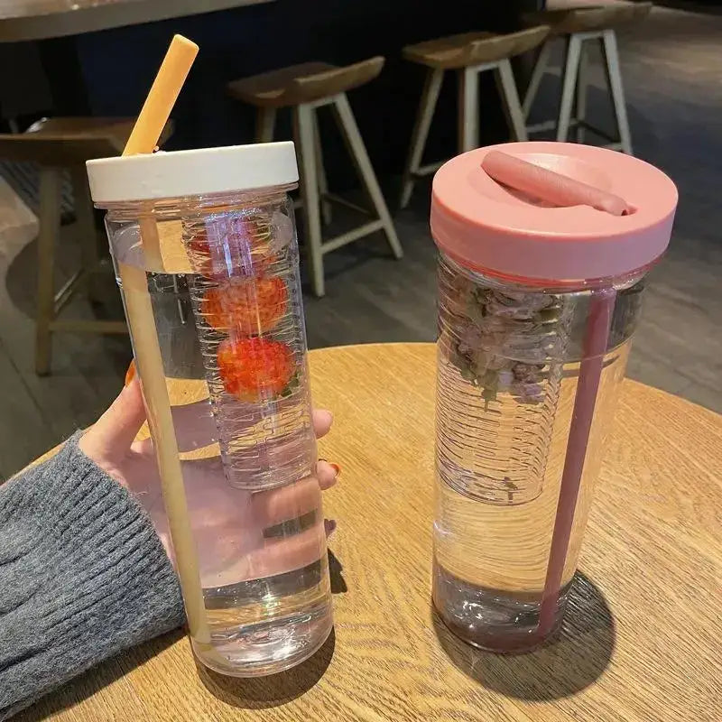 Clear plastic decorbites 700ml filtered water bottle with white lid yellow straw filled with water and strawberries