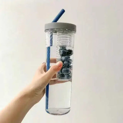 Clear plastic decorbites 700ml filtered water bottle with gray lid, blue straw, and built-in blueberry infuser compartment