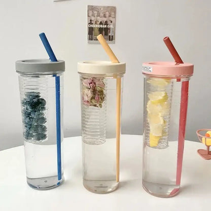 Three decorbites 700ml filtered water bottles with colorful lids and straws showing infused fruits for school and sports