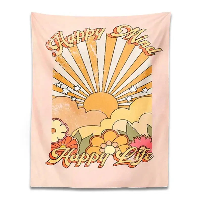 Pastel pink wall hanging decorbites 70s girl sunset tapestry with retro sunburst and happy mind happy life text design