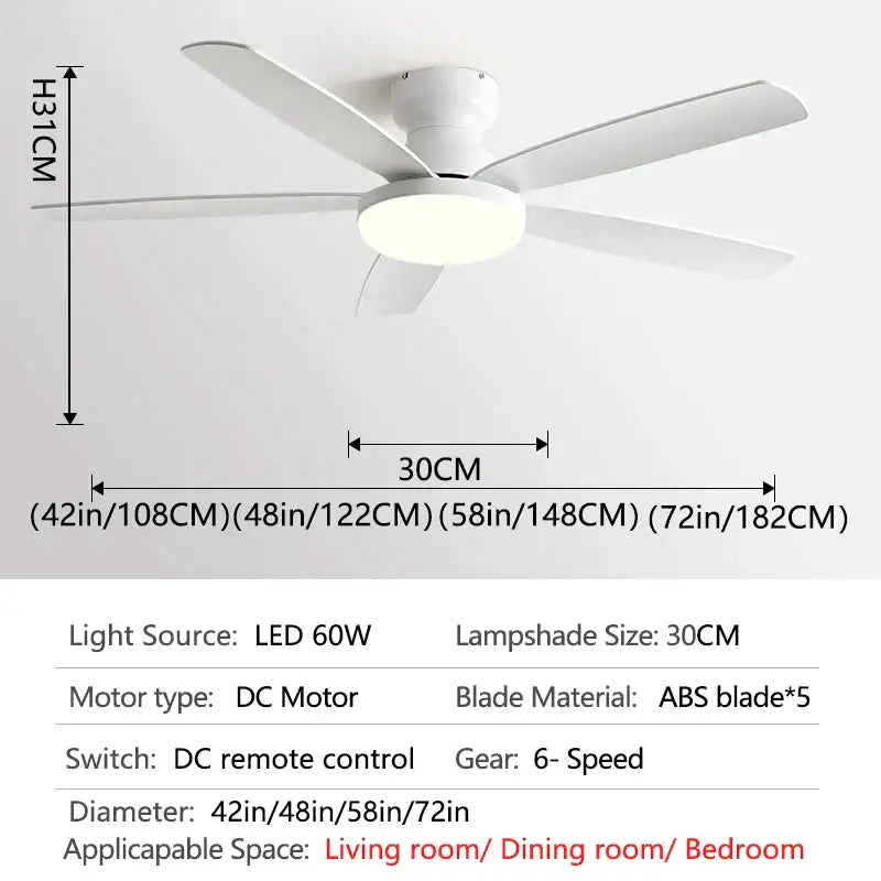 White ceiling fan with five abs blades and circular led light fixture for DecorBites low floor fan light chandelier