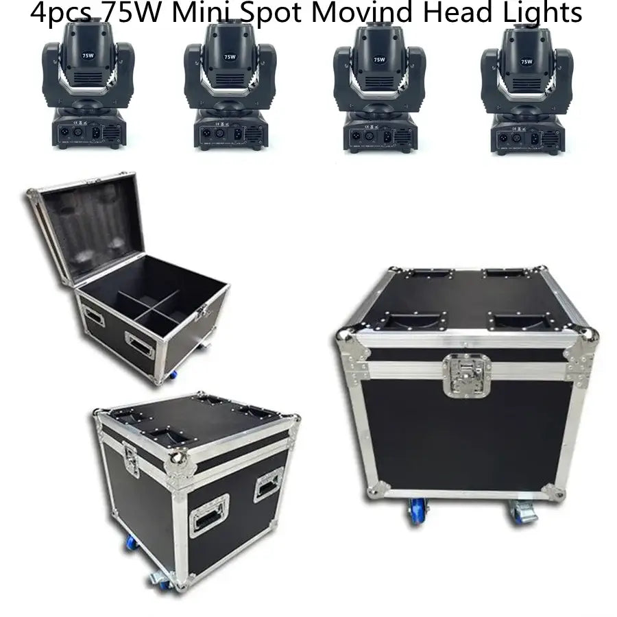 Four black decorbites 75w led moving head mini spot lights with silver accents and wheeled transport case