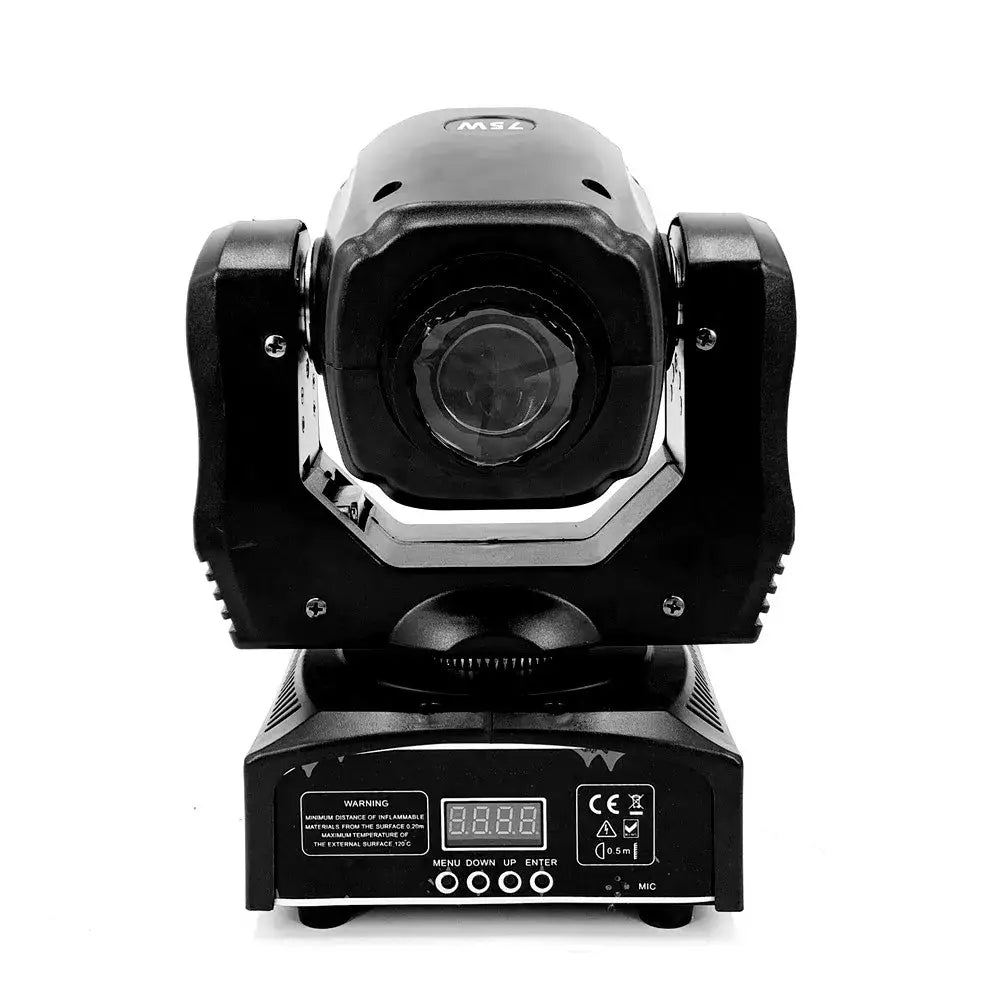 Black decorbites 75w led moving head spotlight with chrome accent ring and control panel with lcd display safety warnings