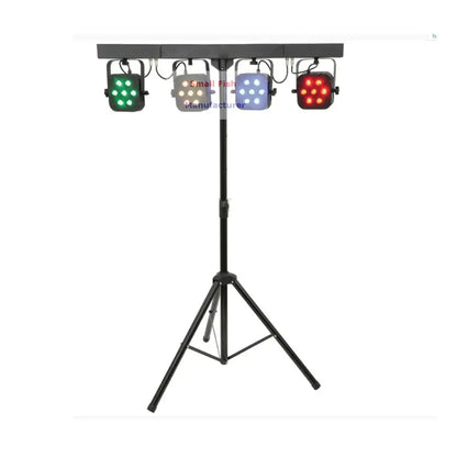 Black tripod stand holding decorbites 7x40w rgbw led par lights emitting green white blue and red light for professional dj use