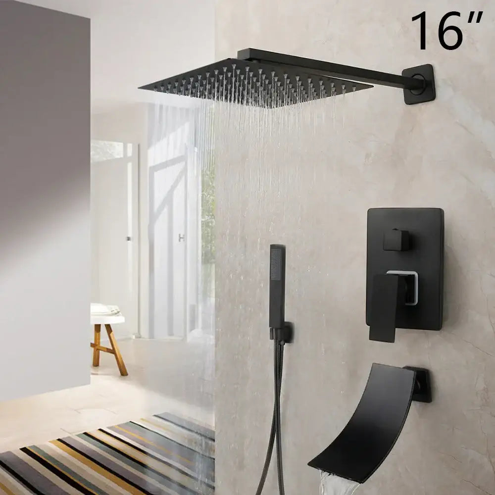 Decorbites 16 inch matte black led rainfall shower faucet set with square rain shower head and handheld sprayer