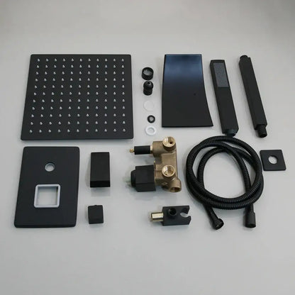 Decorbites 8 16 inch matte black led rainfall shower faucet set with black matte finish, brass valve, and flexible hose