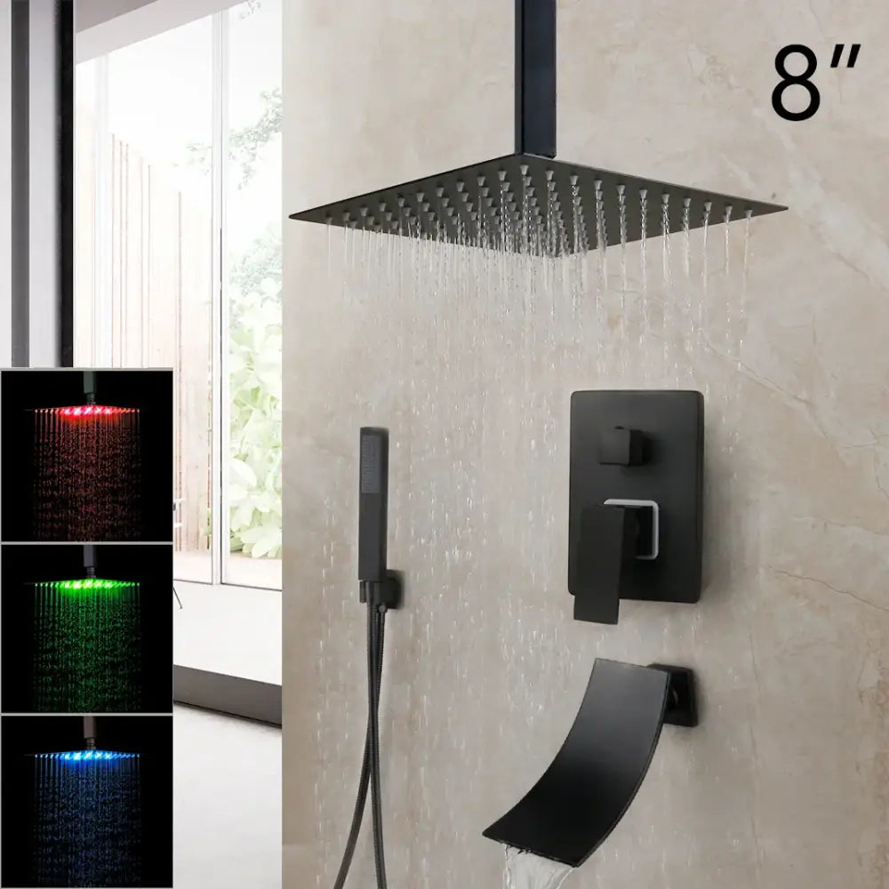 Decorbites 8 inch matte black led rainfall showerhead with matte black finish and integrated led lighting
